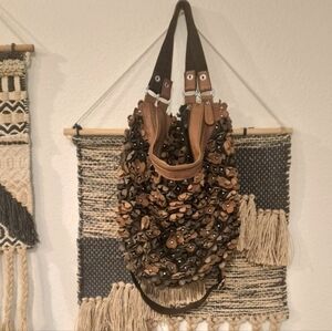 Boho 3D Leather Studded Flower Petal Hobo Crossbody Bag, Double Zipper Closure